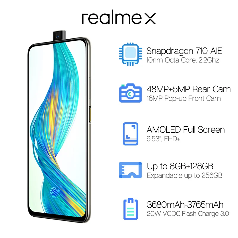 realme X 64G/128 г Snapdragon 710 мобильный телефон 6,53 ''Full Экран всплывающее окно Передняя камера мобильного телефона 20 Вт VOOC Быстрая зарядка 3,0