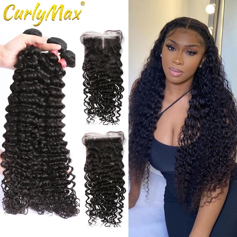 CurlyMax 28 30 pulgadas onda profunda mechones con cierre brasileño del pelo humano 3 4 mechones de pelo rizado con 4x4 Clsoure Remy extensión del cabello