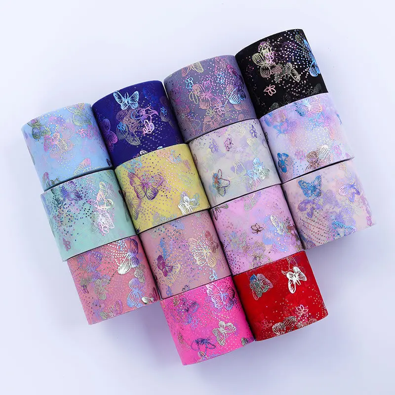 5yards 60mm/80mm Symphony Glitter Butterfly Printed Organza Stain Ribbon for DIY Crafts Wedding Party Decor Gift Packaging, satin ribbons, ribbon decoration, ribbon supplies, wrapping ribbon, satin ribbon, grosgrain ribbon, sewing ribbon, organza ribbon