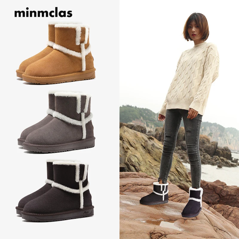 Minmclas/женские зимние ботинки из кожи и шерсти Женские короткие теплые
