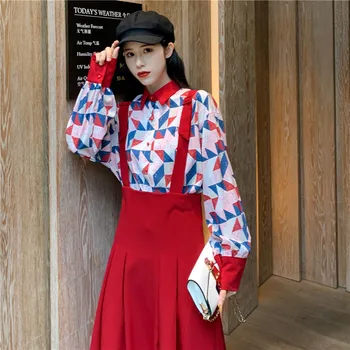 

NiceMix 2020 Spring Autumn Women Suit Casual Suit Collar Waistcoat red color pleated Skirt Chiffon Blouse