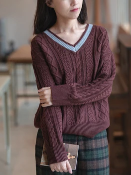 

CYNTHIA Women Knitted Pullover Female Long-sleeve V-neck Sweater Winter Autumn Crochet