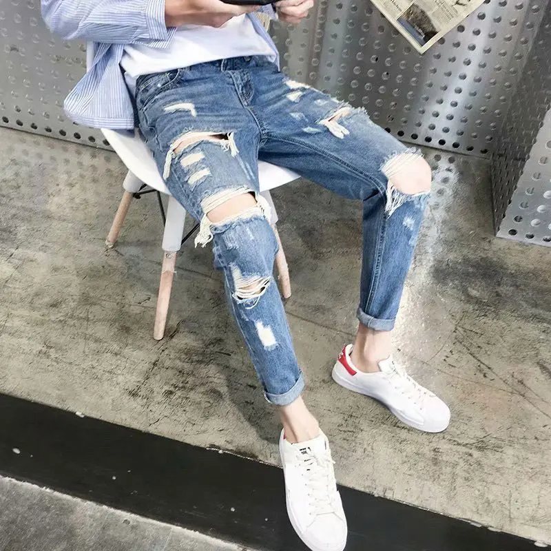 New Skinny Jeans Men Streetwear Destroyed Ripped Jeans Homme Hip Hop Broken Modis Male Pencil Biker Embroidery Patch Pants