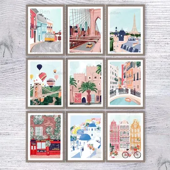 

Cartoon Famous City Landscape Poster Dubai St. Petersburg Wall Art Canvas Painting Print Pictures for Home Cuadros Decoration