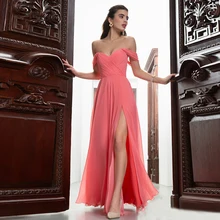 Robe De bal longue rose en mousseline De soie, épaules dénudées, Corset De soirée, pour femmes, avec plis, fente latérale, ligne A