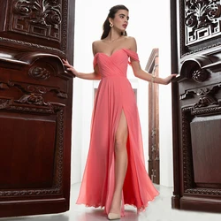 Pink Long Chiffon Prom Dresses Off Shoulder Formal Corset Evening Party Gown For Woman Pleat Slit Robe De Soriee A Line
