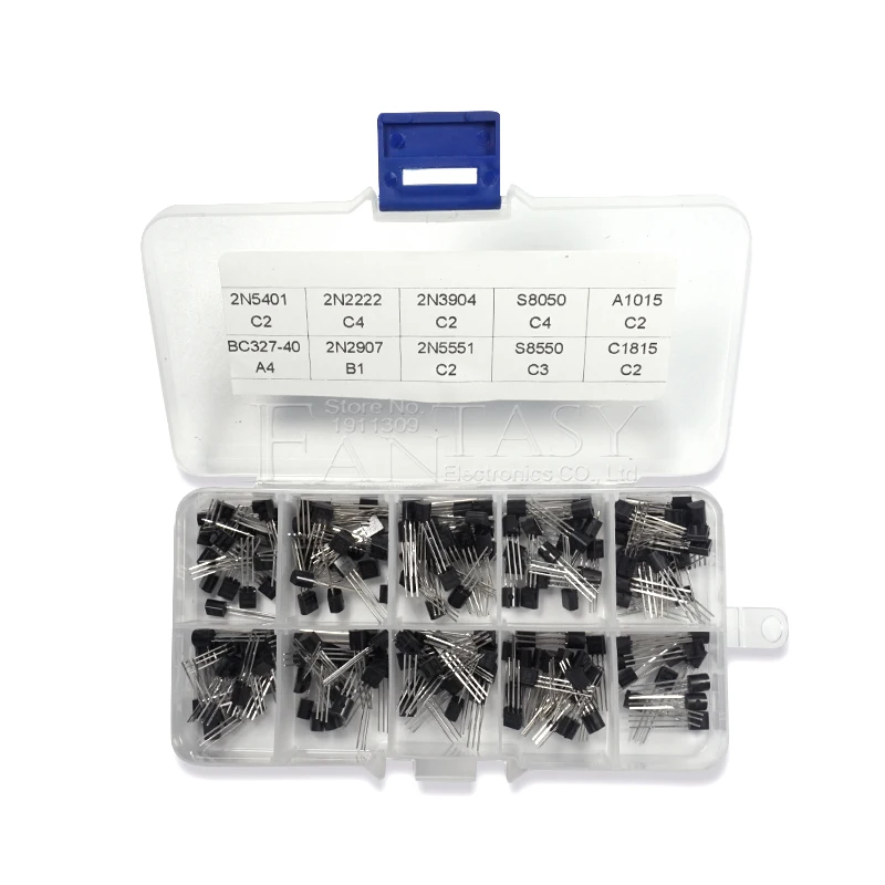 10value 200PCS BC337 BC327 2N2222 2N2907 2N3904 2N3906 S8050 S8550 A1015 C1815 Transistor Assortment Kit Transistors Box Pack transistors kit