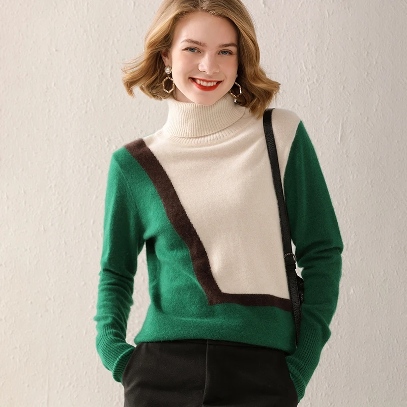 Cashmere sweater women's high neck cardigan 100% pure wool knitted long-sleeved pullover color-blocking warm jacket | Женская одежда