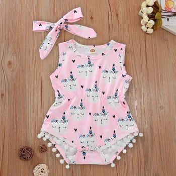 

Bodysuit Hair Band 2 Pcs Baby Girls Clothes Rabbit Print Easter Sleeveless Fringed Small Ball Jumpsuit Romper