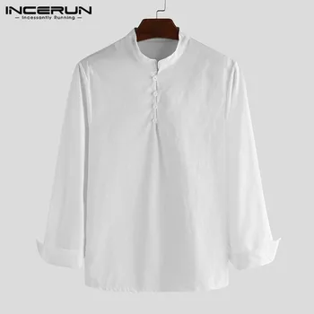 

INCERUN Men Shirt Long Sleeve 2020 Solid Color Cotton Fashion Stand Collar Casual Blouse Mens Streetwear High Quality Camisa 3XL