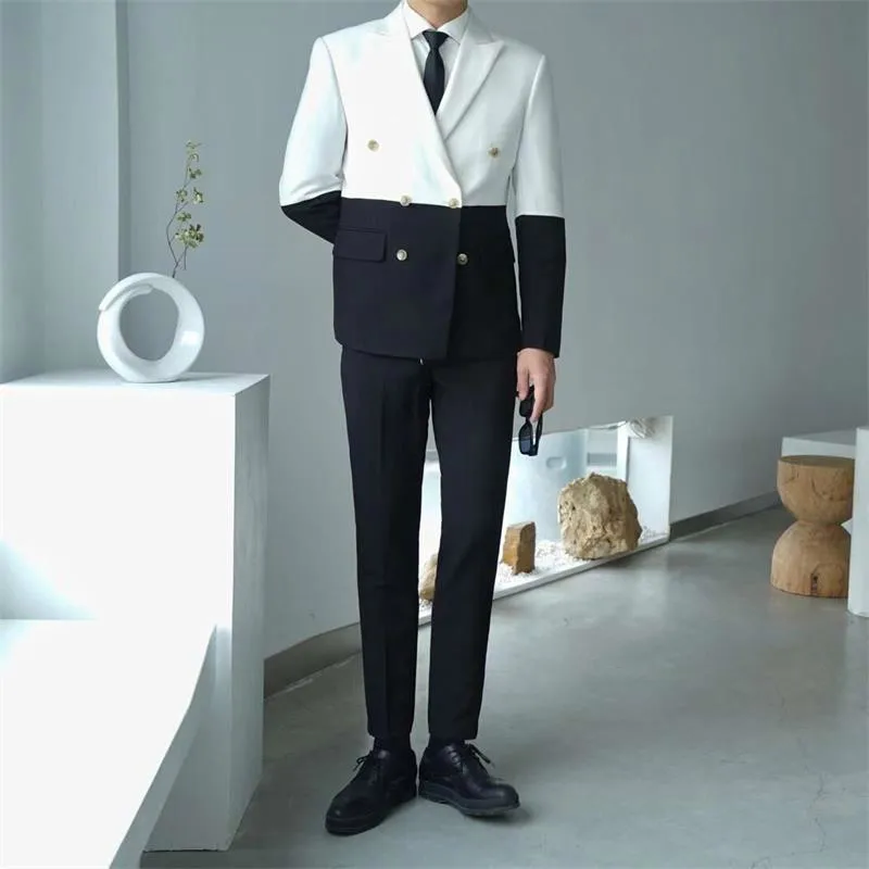 

Splice Contrast Color Party Stage Fashion Mens Slim Fit Suits With Pant Prom Doube Breasted SuitCostume Homme