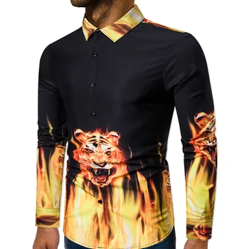

Spring and Fall 2019 Men's Leisure Trend Black Yellow Stitching Color Long-sleeved Shirts with Animals Printed Shirts for Men