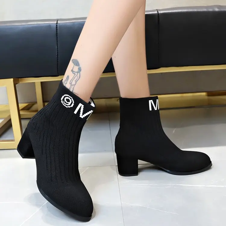 

2019 Black Beige Stretch Fabric Thick Heel Ankle Boots Women Autumn Sock Boots Elegant High Heel Short Booties for Ladies