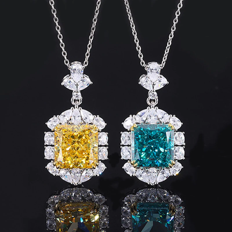 OEVAS 100% 925 Sterling Silver 13*13mm Aquamarine Yellow High Carbon Diamond Radiant Cut Pendant Necklace For Women Fine Jewelry