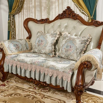 

Sofa Covers for Living Room European High-precision Jacquard Luxury Leather Combination Sofa Cover with Lace Anti-slip Slipcover