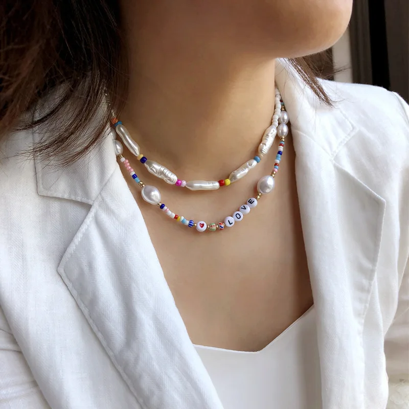 

United States combined fold wear cross-border letters love baroque pearls necklace female color bead chain of clavicle