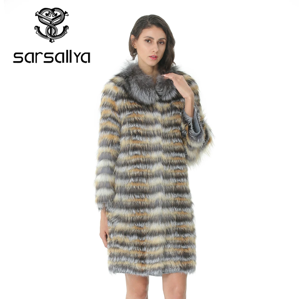

Knitted Fur Coat Women Long Stripe Coat With Collar For Ladies Real Fur Coat Fox Female Clothes Autumn Warm Luxury Overcoat 2019
