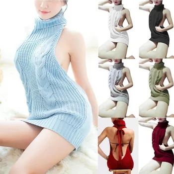 

Sexy Women Backless Sleeveless Sweater Turtleneck Knit