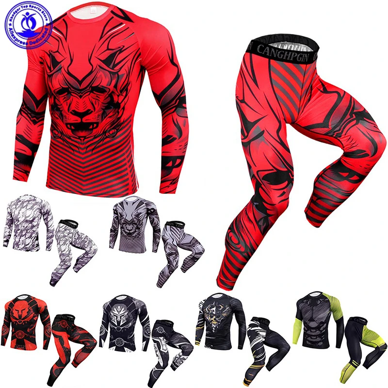 

3D Print Rashguard Running Set Compression Shirts+Tights 2Pcs Sport Suit Quick Dry Elastic Gym Fitness Workout Training Clothing