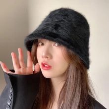 Winter Women's Fashion Solid Color Rabbit Fur Hat Bucket Hat Fisherman Hat Outdoor Warm Basin Hat Ladies Panama Bucket Hat