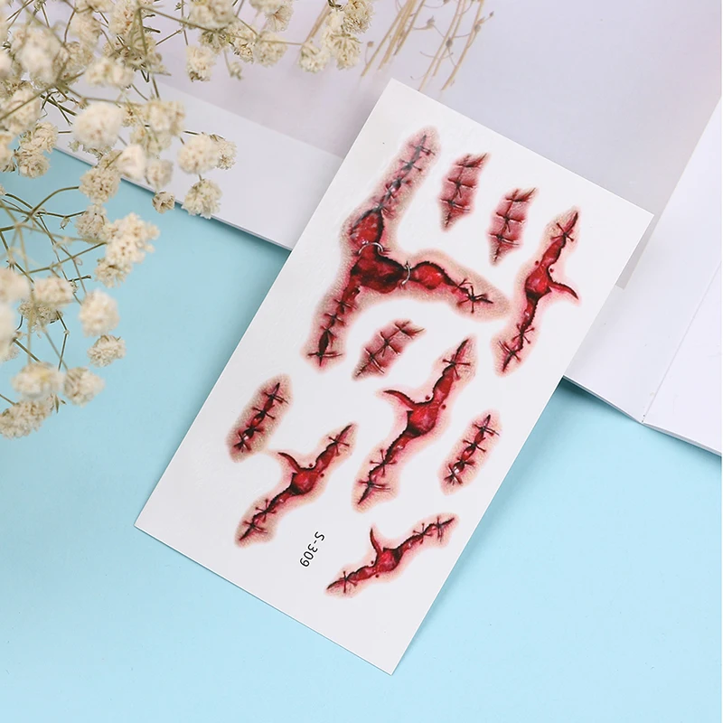 Waterproof Temporary Tattoo Sticker Halloween Terror Wound Realistic Blood Injury Scar Fake Tattoo Sticker Bloody Makeup 3 Style