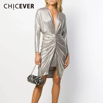 

CHICEVER Elegant Ruched Dress For Women V Neck Long Sleeve High Waist Slim asymmetrical Split Dresses Female Autumn Fashion New