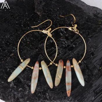 

Natural Sea Sediment Jaspers Stone Point Beads Dangle Eardrop Women Jewelry,Big Copper Circle Handmade Hook Earring ZJCP-08AMF
