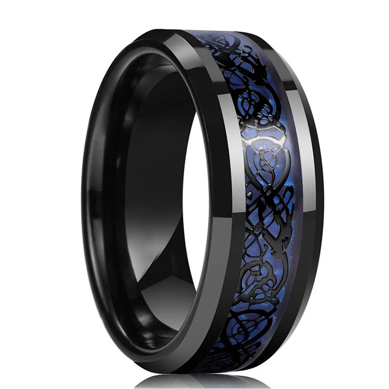 Fashion 8MM Men's Blue Groove Beveled Edge Tungsten Carbide Ring Black Celtic Dragon Blue carbon fibre Ring Men Wedding Band - Image 3