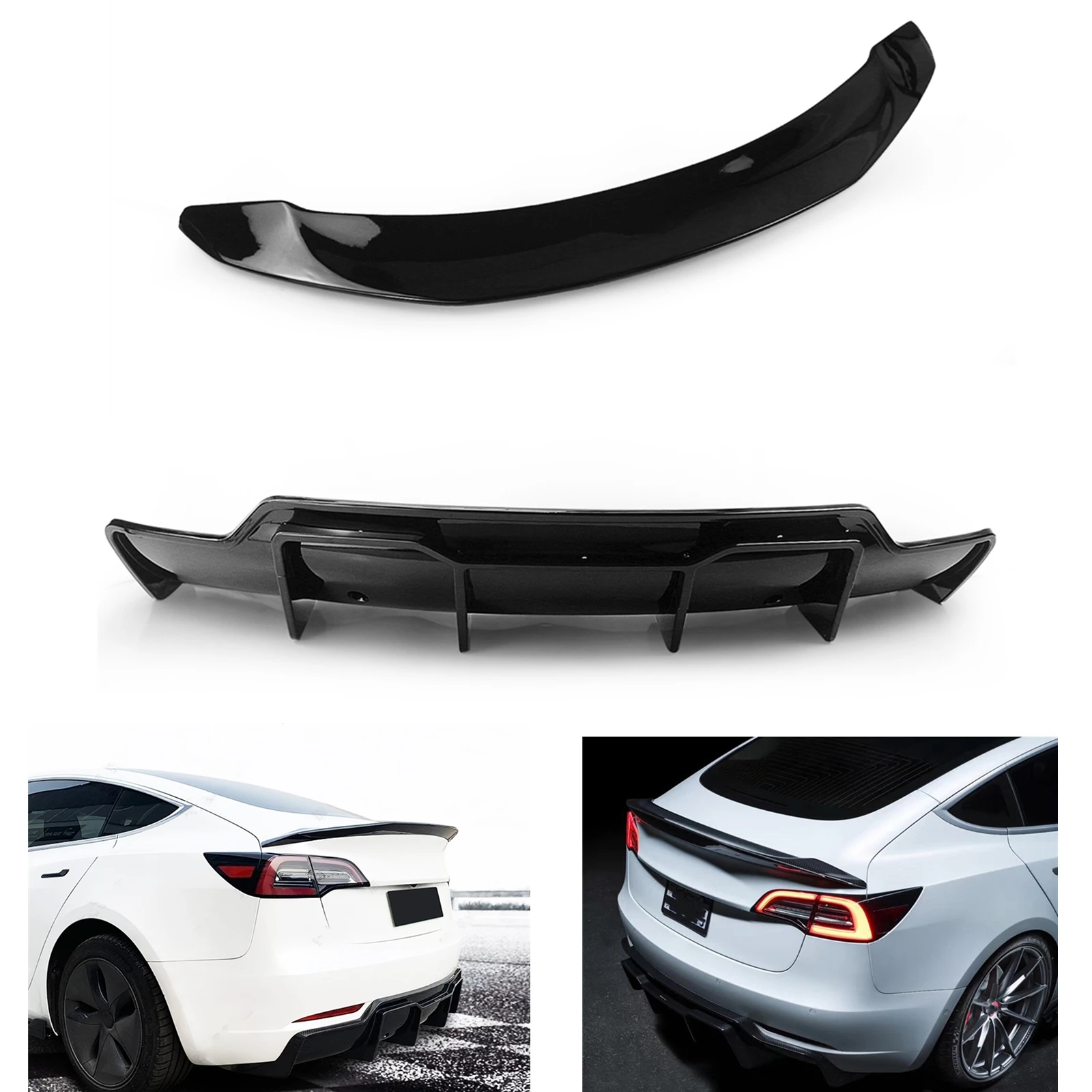 

Rear Bumper Diffuser Lip+Trunk Lid Spoiler Wing Glossy Black Splitter Lip For Tesla Model 3 2017 2018 2019 2020 2021 2022 2023