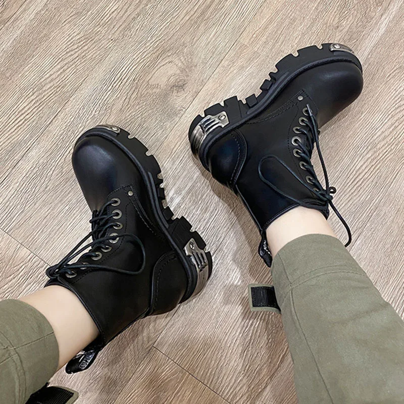 Punk Style Platform Women Demonia Boots Chunky Heel Black Metal Decor Women's Motorcycle Boot Lace Top Quality _ - AliExpress Mobile