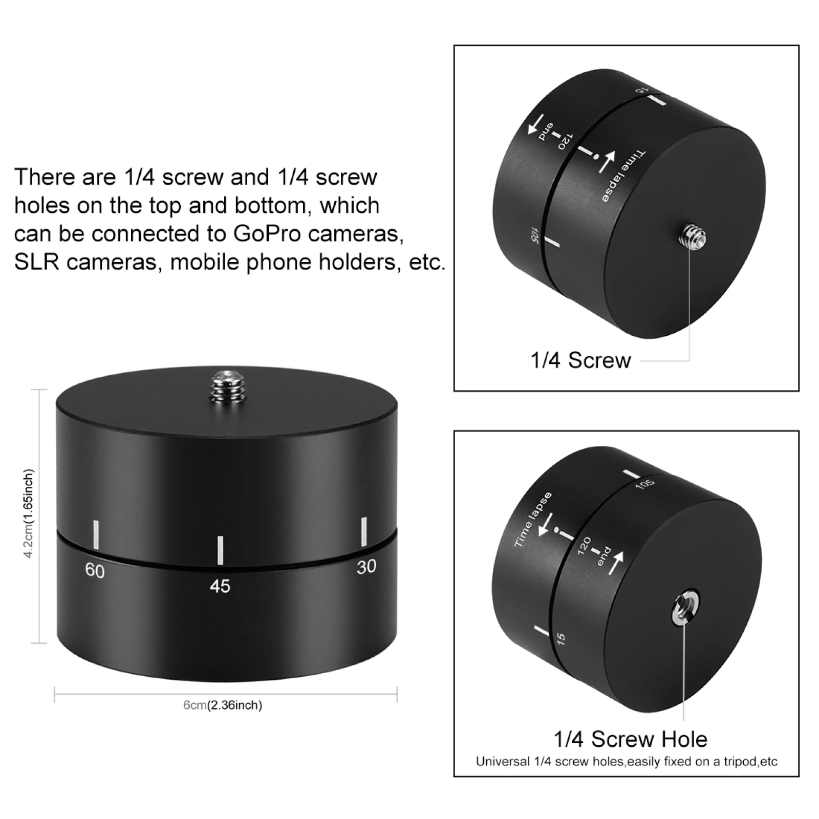 PULUZ 360 Degrees Panning Rotation 60 / 120 Minutes Time Lapse Stabilizer Tripod Head Adapter for GoPro/ Xiaoyi & Action Cameras