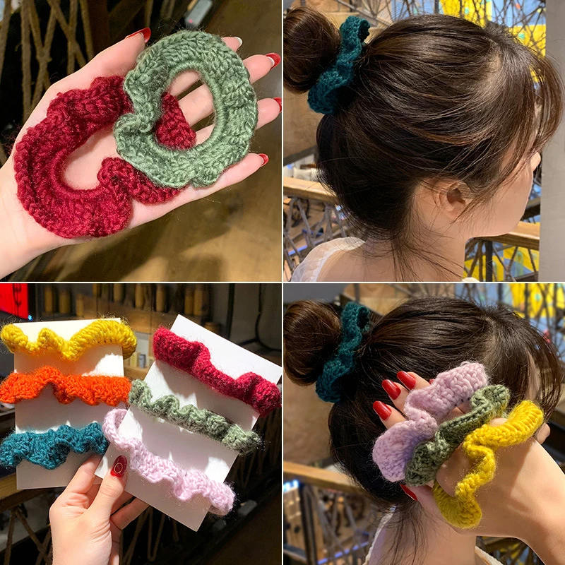 

Xugar Girls Knitted Wave Scrunchies Woolen Wild Hair Bands Elastic Solid Color Handmade Hair Rings For Womens Hair Accessories