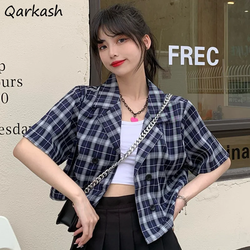 

Блейзер Женский клетчатый с коротким рукавом, шикарная универсальная уличная одежда в стиле преппи, корейская мода, свободный темпераментный повседневный костюм в стиле Харадзюку, на лето