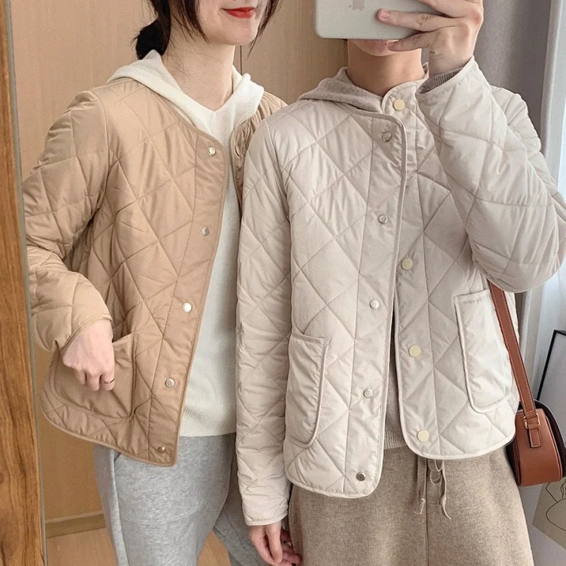 Rhombus Collarless Lightweight Short Jacket for Women, Loose Cotton Quilted Tops, Female Thin Clothes, All-Match Coats