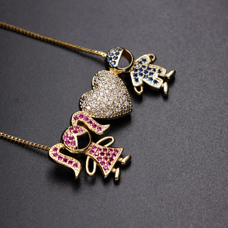 Lovely Boy Girl Heartshaped Pendant Necklace Gold Color Pave Cubic