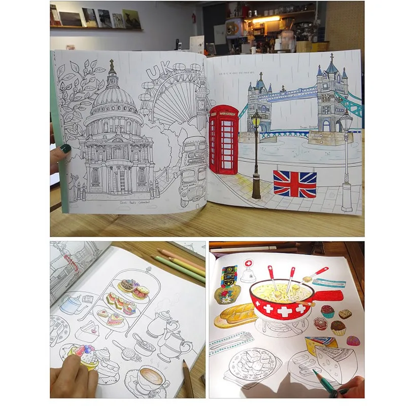 64 pages Around The World Japan Greece Colouring Book France Paris