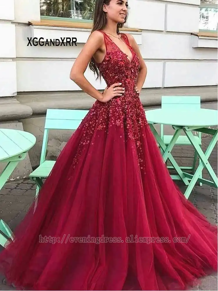 Wine Red Красное вино длинное платье трапециевидной формы для выпускного вечера, сексуальное платье с v-образным вырезом, расшитое бисером и цветами, официальное женское вечернее платье для вечеринки, платье для свидания для девушек - Цвет: Wine Red