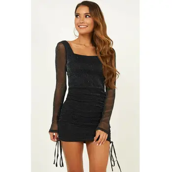 

Mesh Sexy Bodycon Dress Black Women Autumn Transparent Long Sleeve Ruched Square Neck Sheath Mini 2019 New Club Dresses