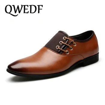 

QWEDF Big Size 6.5-12 New Fashion Men Wedding Dress Shoes Black Shoes Round Toe Flat Business British Lace-up Men's shoes ZY-206