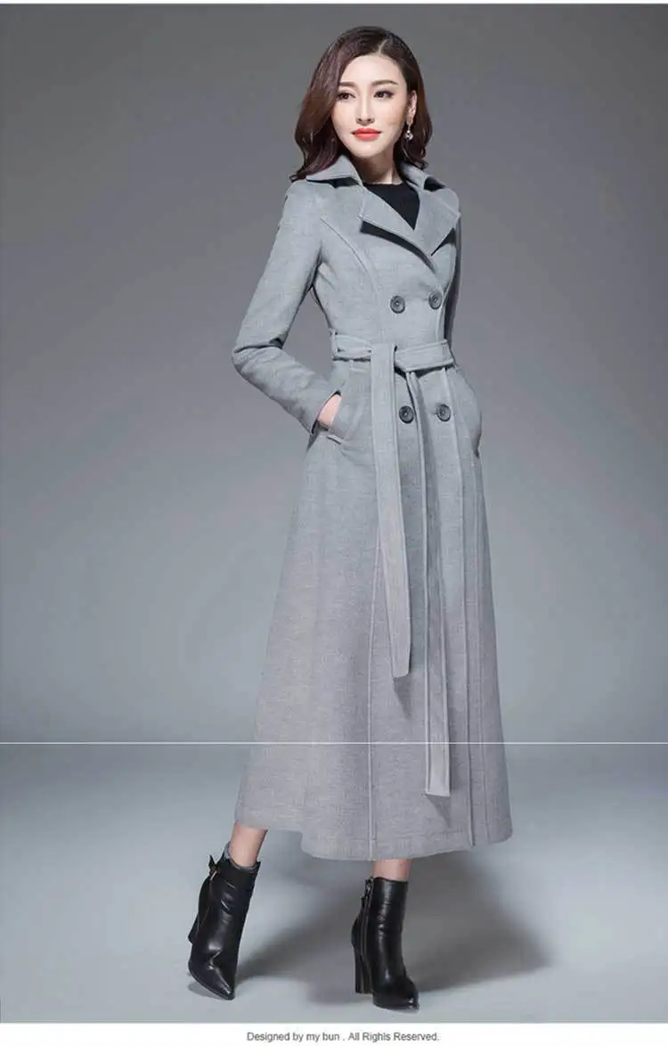 Женское зимнее пальто, Осеннее и зимнее Классическое однотонное шерстяное пальто большого размера с поясом, тонкое длинное пальто для женщин