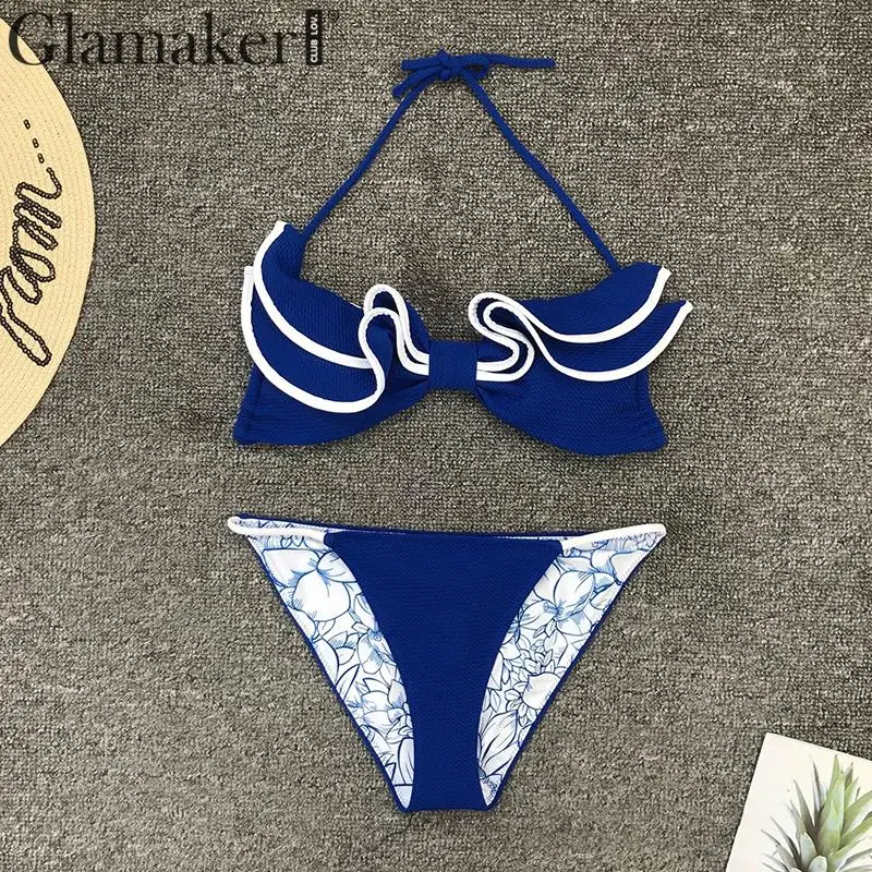 Glamaker купальный костюм с лямкой на шее, праздничный комплект бикини с открытой спиной, Модный Купальник с оборками, женский сексуальный купальник, женский летний голубой купальник