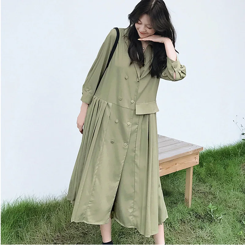 

LANMREM Green Long Sleeve Double-breasted Stitching Pleats Blazer Dress Plus Femme College Simple Fashion 2019 Autumn New TD019