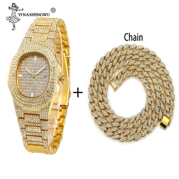 

Hip Hop Men Women Gold Color Chain/Necklace+Watch Miami Curb Cuban Chain Gold Iced Out Paved Rhinestones CZ Bling Jewelry