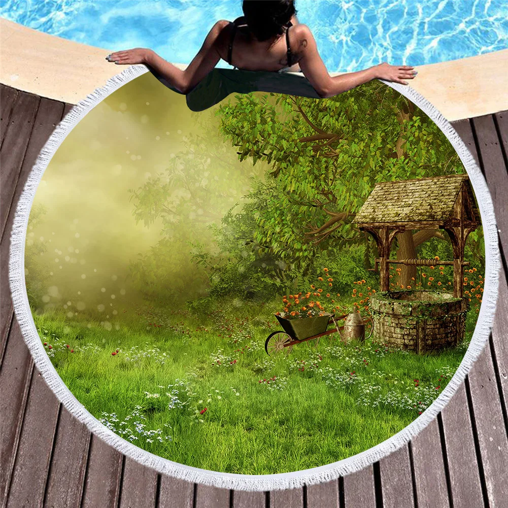 

Hot Selling Psychedelic Forest Terry Cloth 3D Digital Printing Ultra Large round Beach Towel Seat Cushion