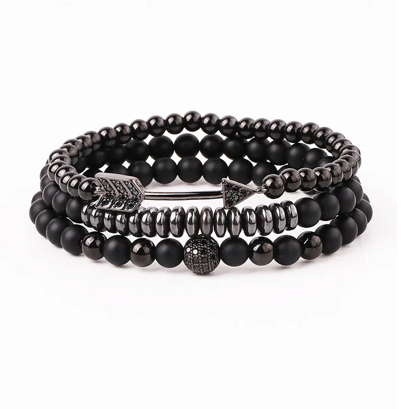 New Fashion Natural Stone Matte Onyx CZ Pave Arrow Ball Charm Beads Elastic Bracelet Set For Men