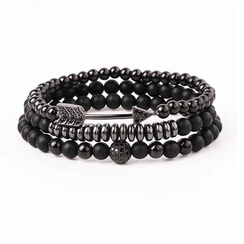 New Fashion Natural Stone Matte Onyx CZ Pave Arrow Ball Charm Beads Elastic Bracelet Set For Men