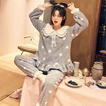 

Women's Pajamas Cotton Star Printing Warm Plus Velvet Ladies Long Sleeve Ruffle Bow Cute Top Pants Two Piece Pyjamas Suit Female
