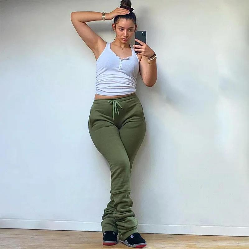 

2020 Stacked Leggings Elastic High Waist Sweatpants Women Ruched Pants Solid Color Stacked Pants Bodycon Trouser