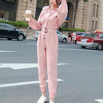 

Women Long Sleeve Two Pieces Set Short Jacket Full Length Pants Solid Pink Sash Casual Pants Sets