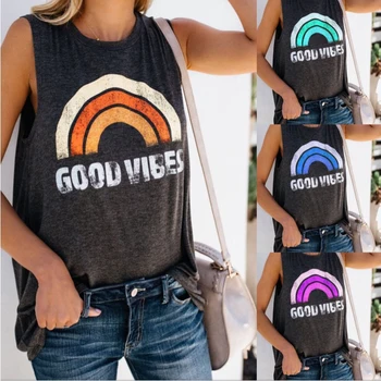 

GOOD VIBES Letter Print Round Neck Rainbow Sleeveless Summer Top Casual Women T Shirt 2019 Women's Clothing